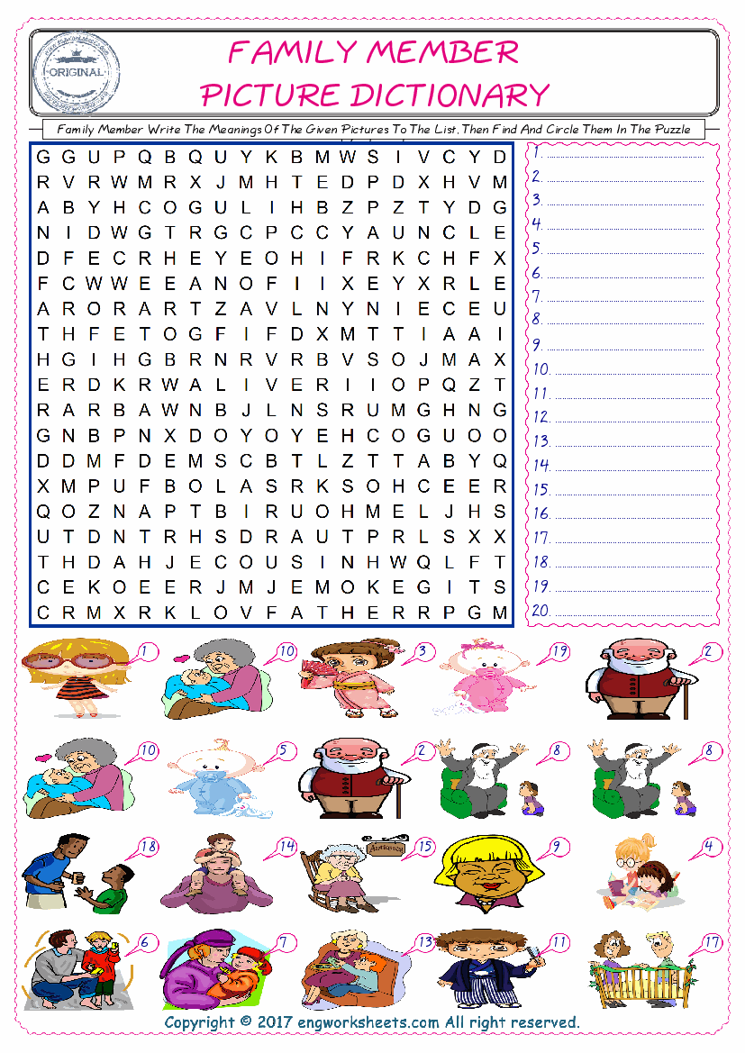  For kids, check the picture of Family Member find, and write the word and find it in the word puzzle ESL printable worksheet. 